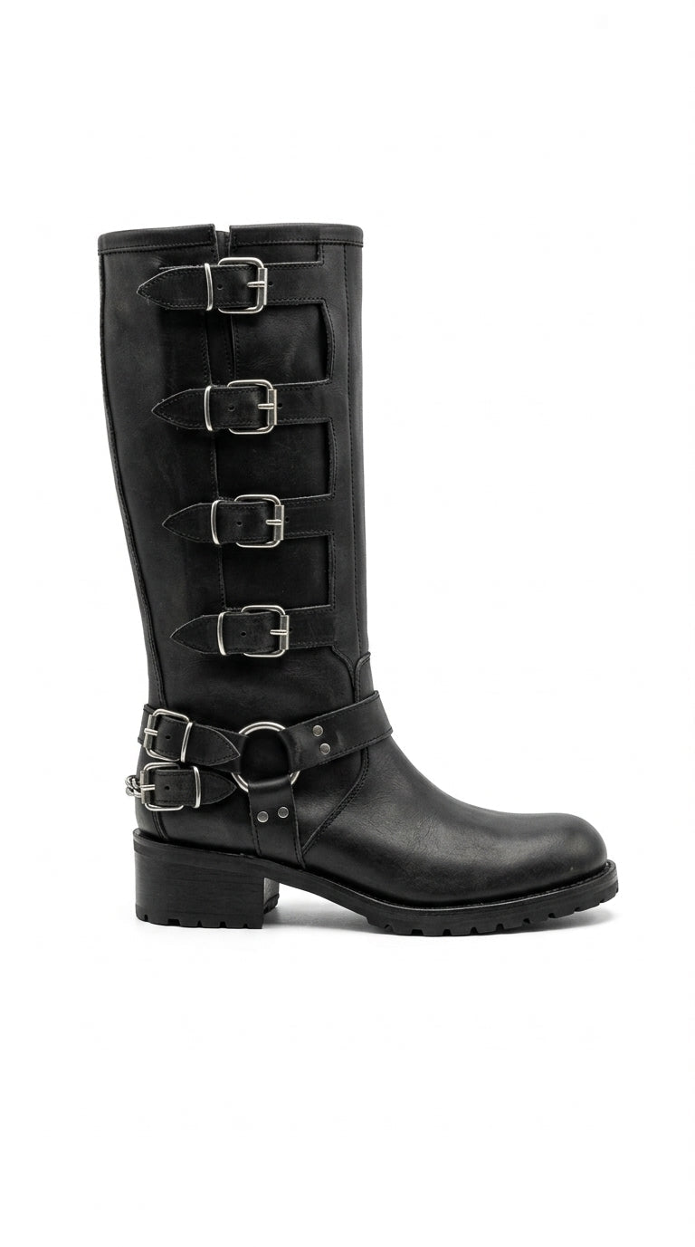 V7 - Tubular boot mood Biker Amphibian in Real Dark Brown with Rubber Sole and Buckles