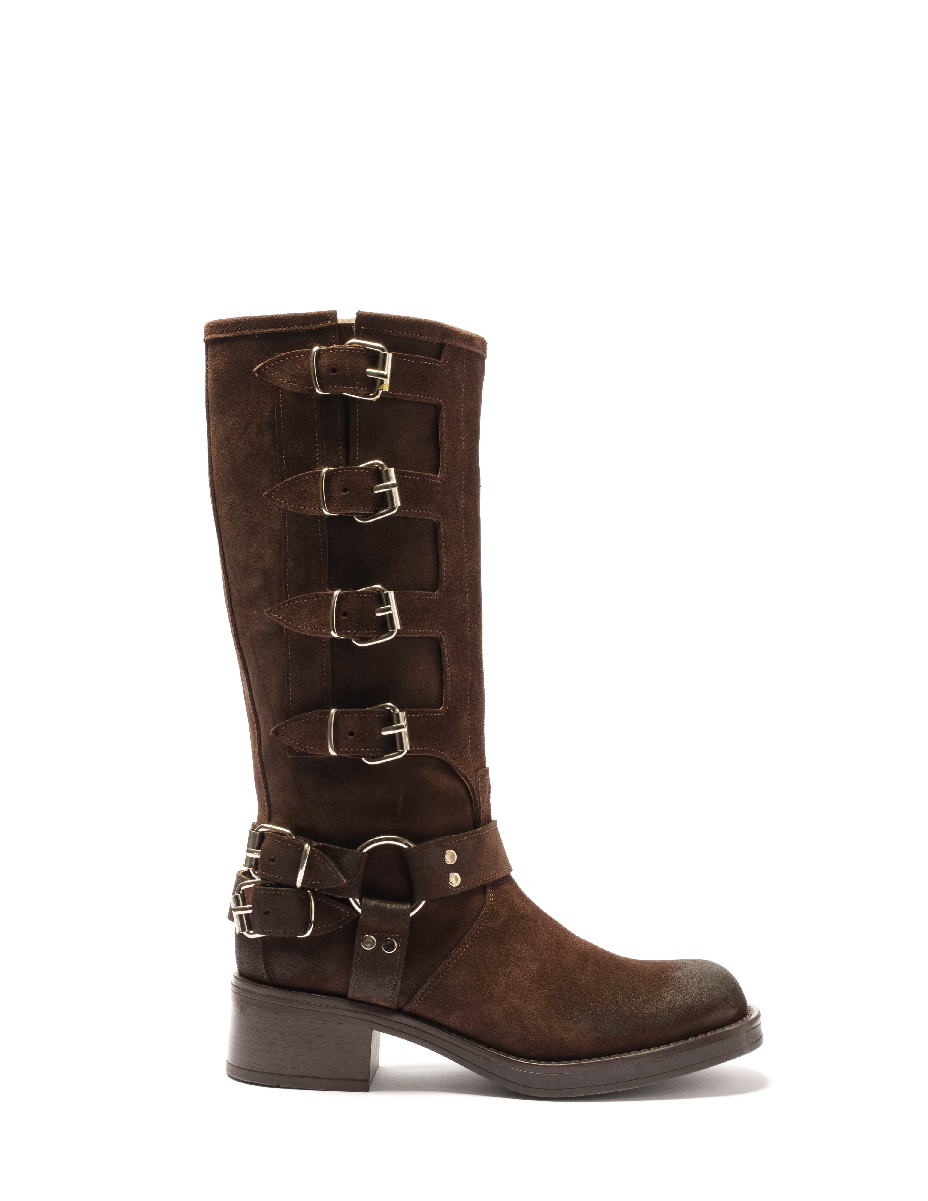 V7 - Tubular Boot Mood Biker Amphibian in Brown Suede with Rubber Sole and Buckles