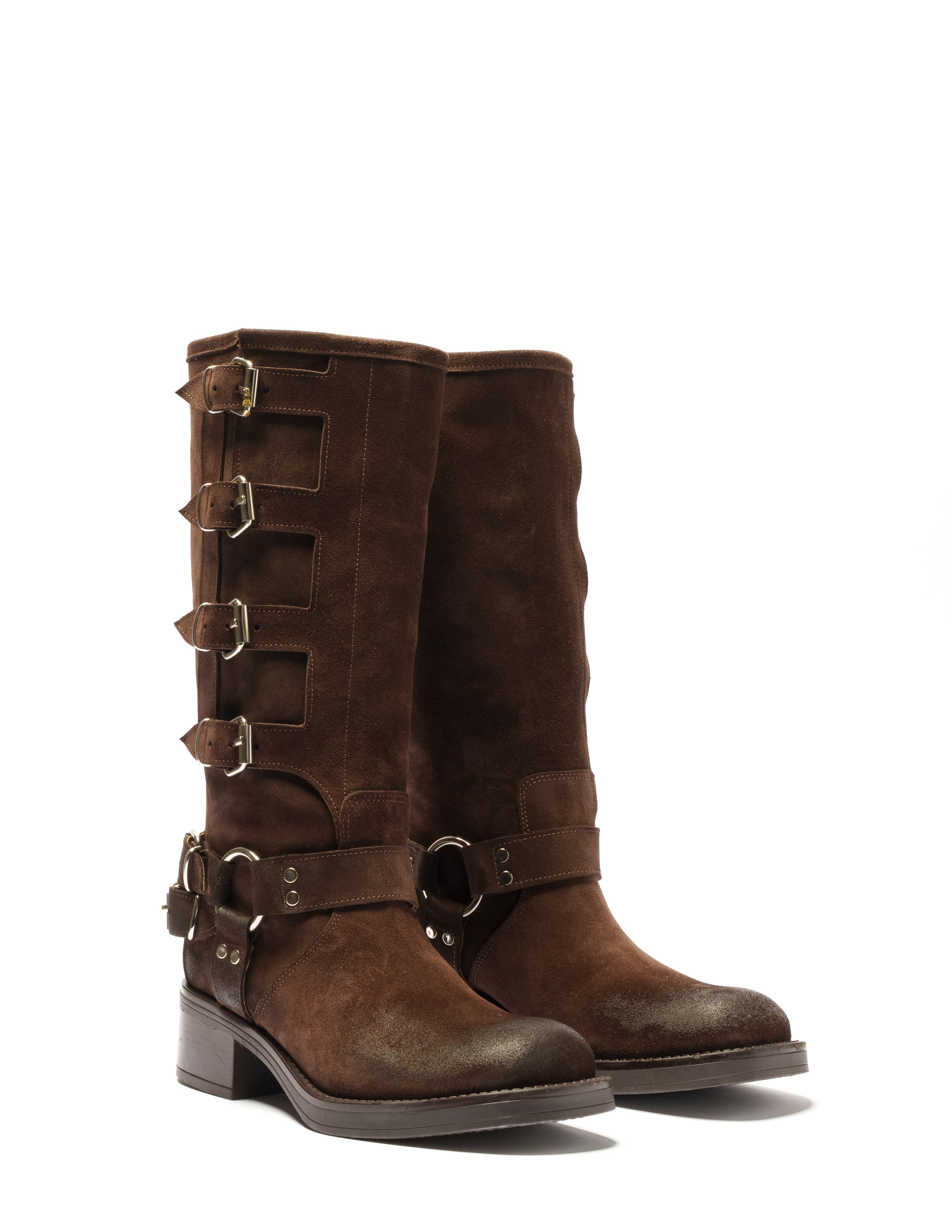 V7 - Tubular Boot Mood Biker Amphibian in Brown Suede with Rubber Sole and Buckles