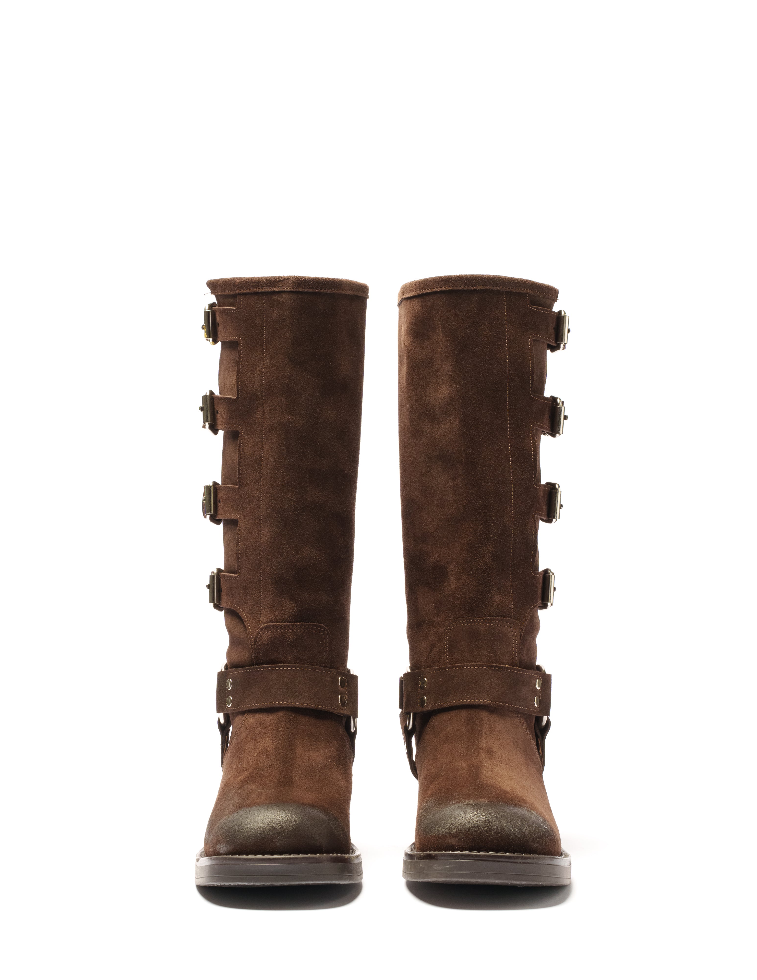 V7 - Tubular Boot Mood Biker Amphibian in Brown Suede with Rubber Sole and Buckles