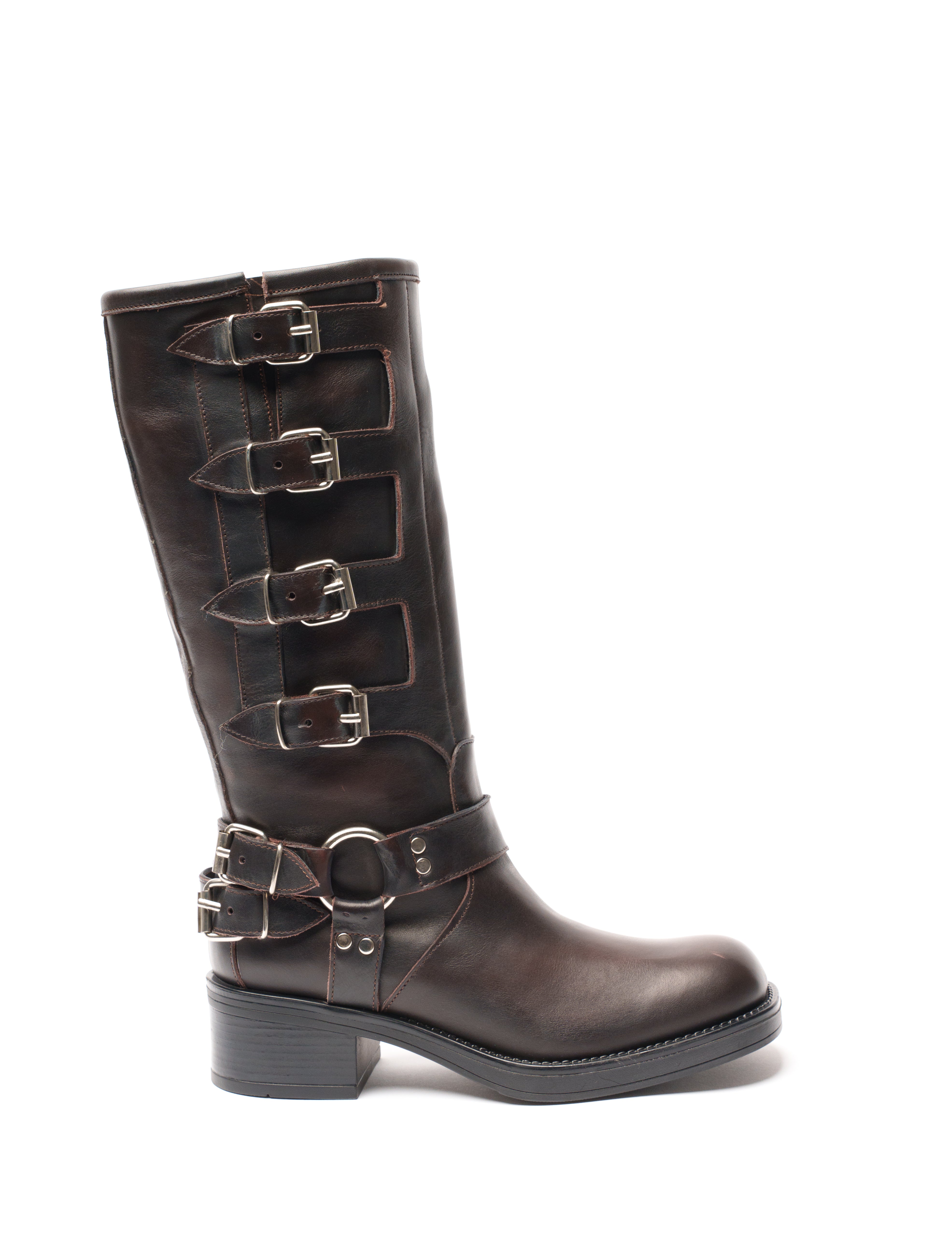 V7 - Tubular boot mood Biker Amphibian in Real Dark Brown with Rubber Sole and Buckles