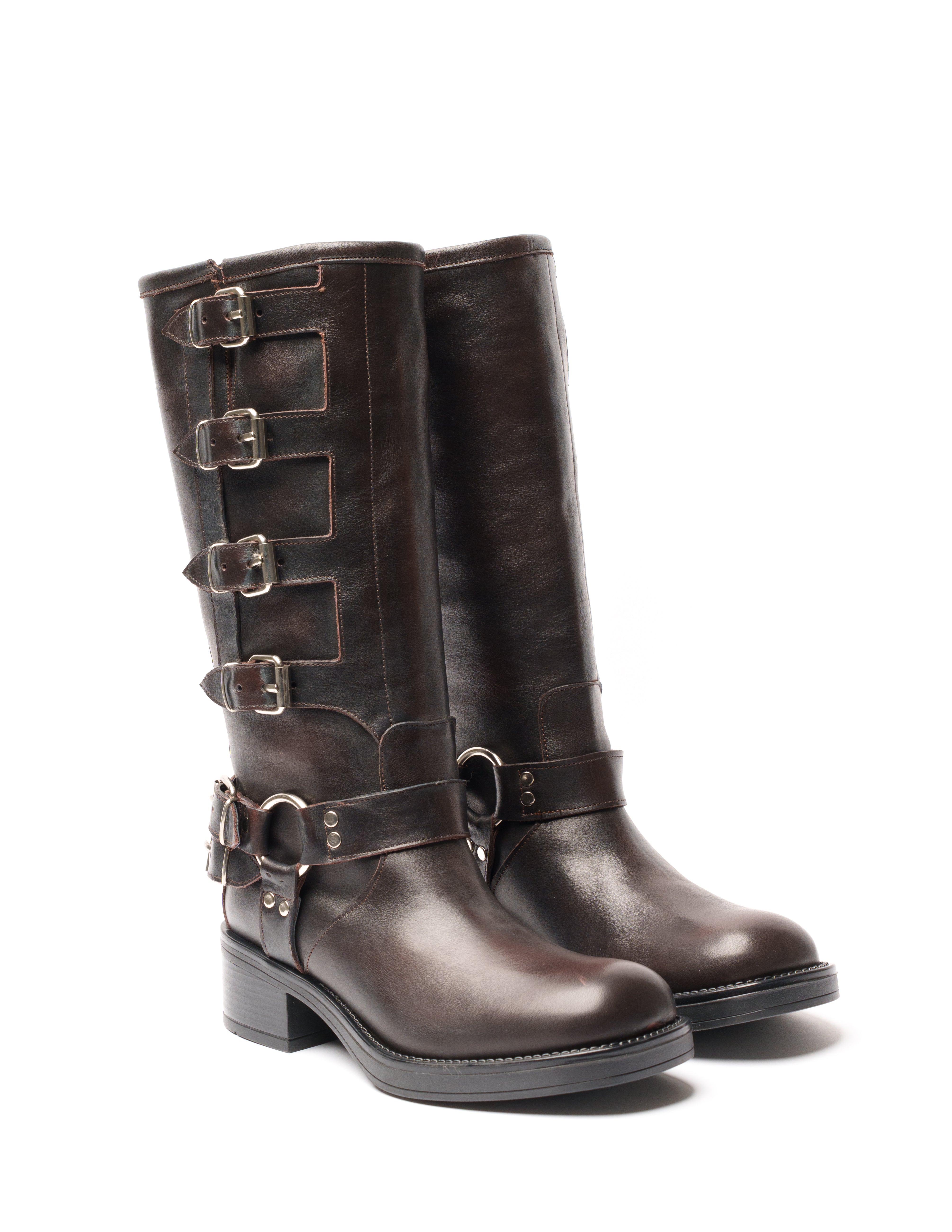 V7 - Tubular boot mood Biker Amphibian in Real Dark Brown with Rubber Sole and Buckles