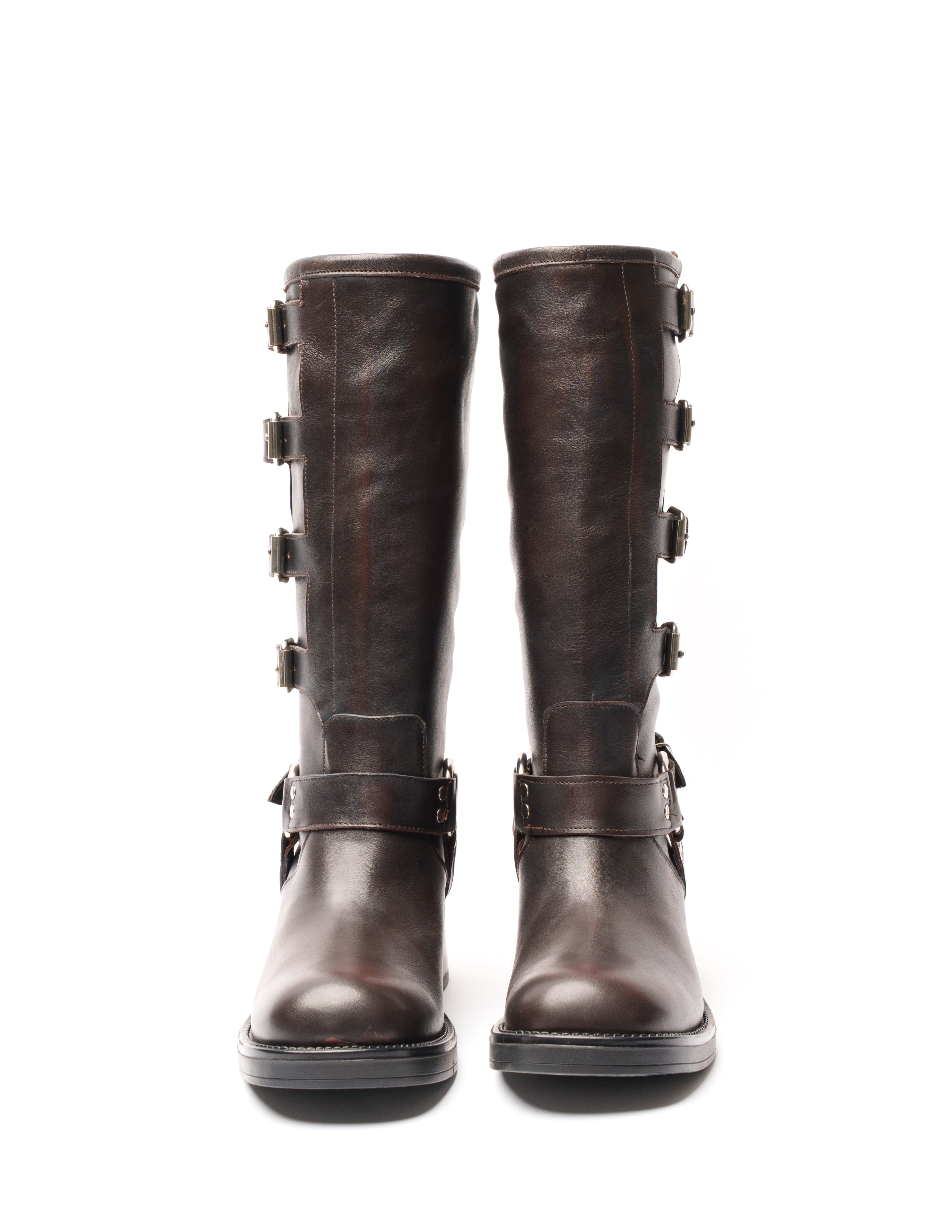 V7 - Tubular boot mood Biker Amphibian in Real Dark Brown with Rubber Sole and Buckles