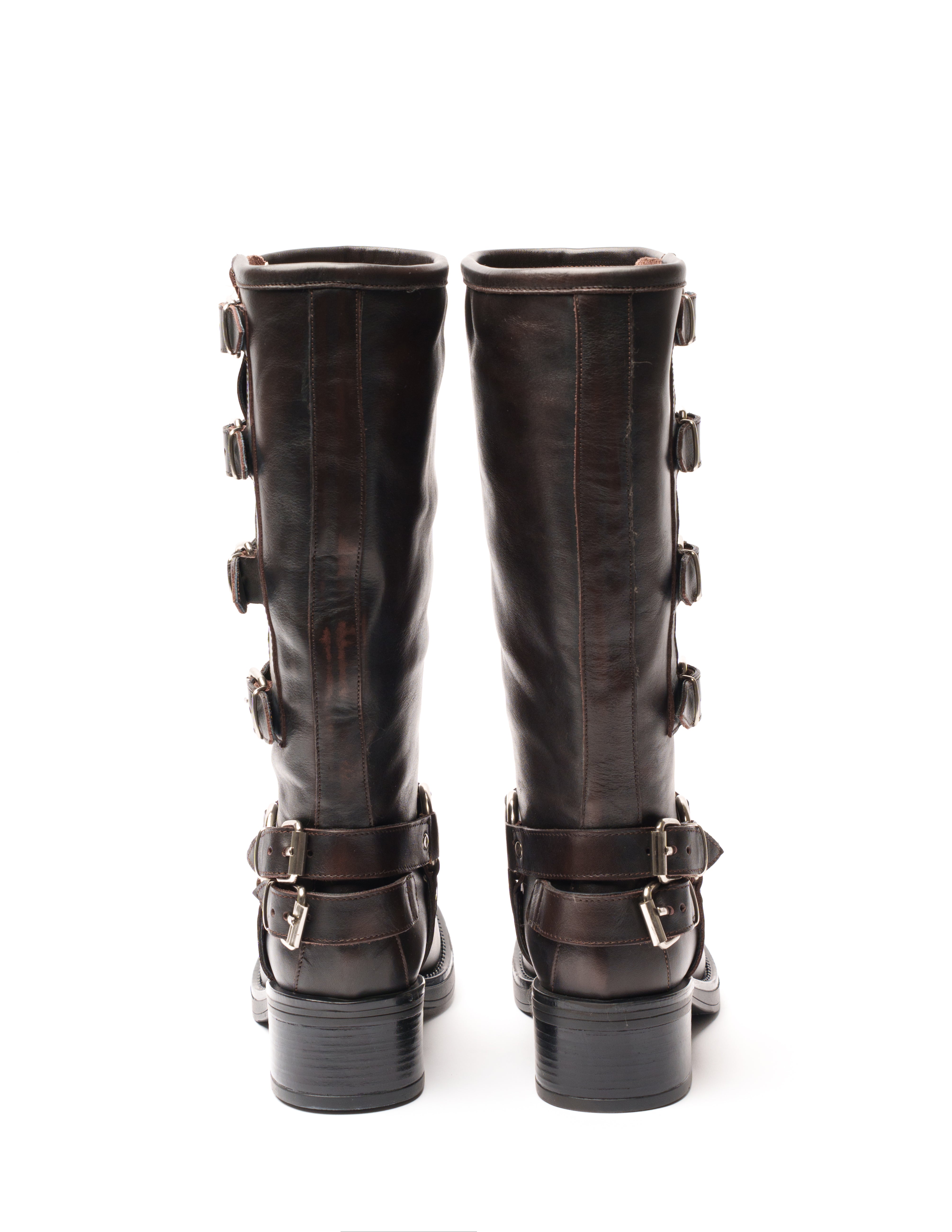 V7 - Tubular boot mood Biker Amphibian in Real Dark Brown with Rubber Sole and Buckles