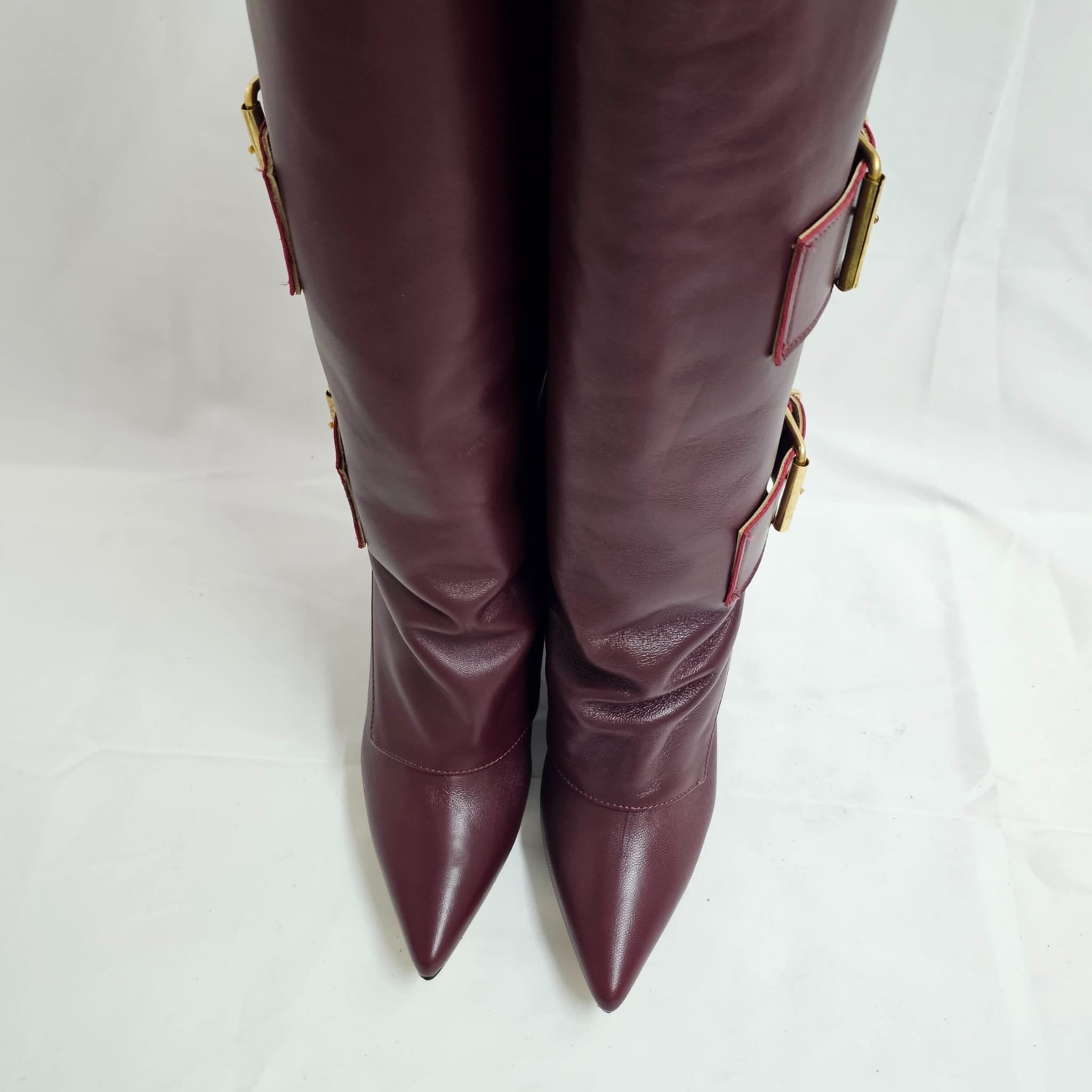 VARSAVIA - Plum Genuine Leather Tubular Boot with 3 Buckles and 11cm Wedge