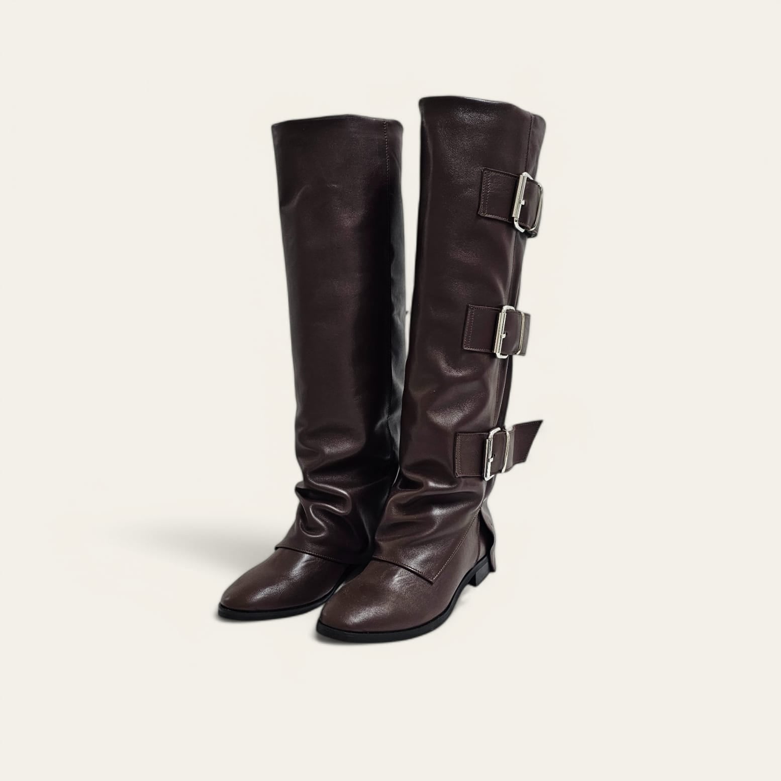 VARSAVIA_2560 - Plum Genuine Leather Tubular Boot with 3 Buckles