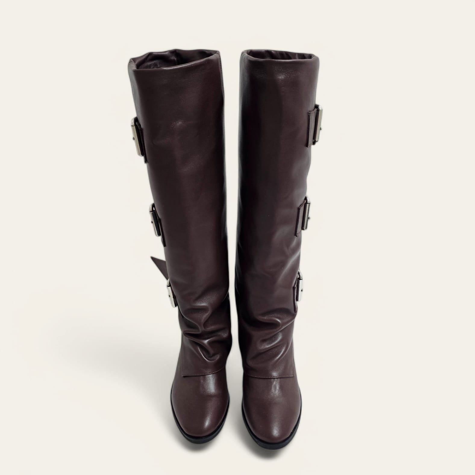 VARSAVIA_2560 - Plum Genuine Leather Tubular Boot with 3 Buckles