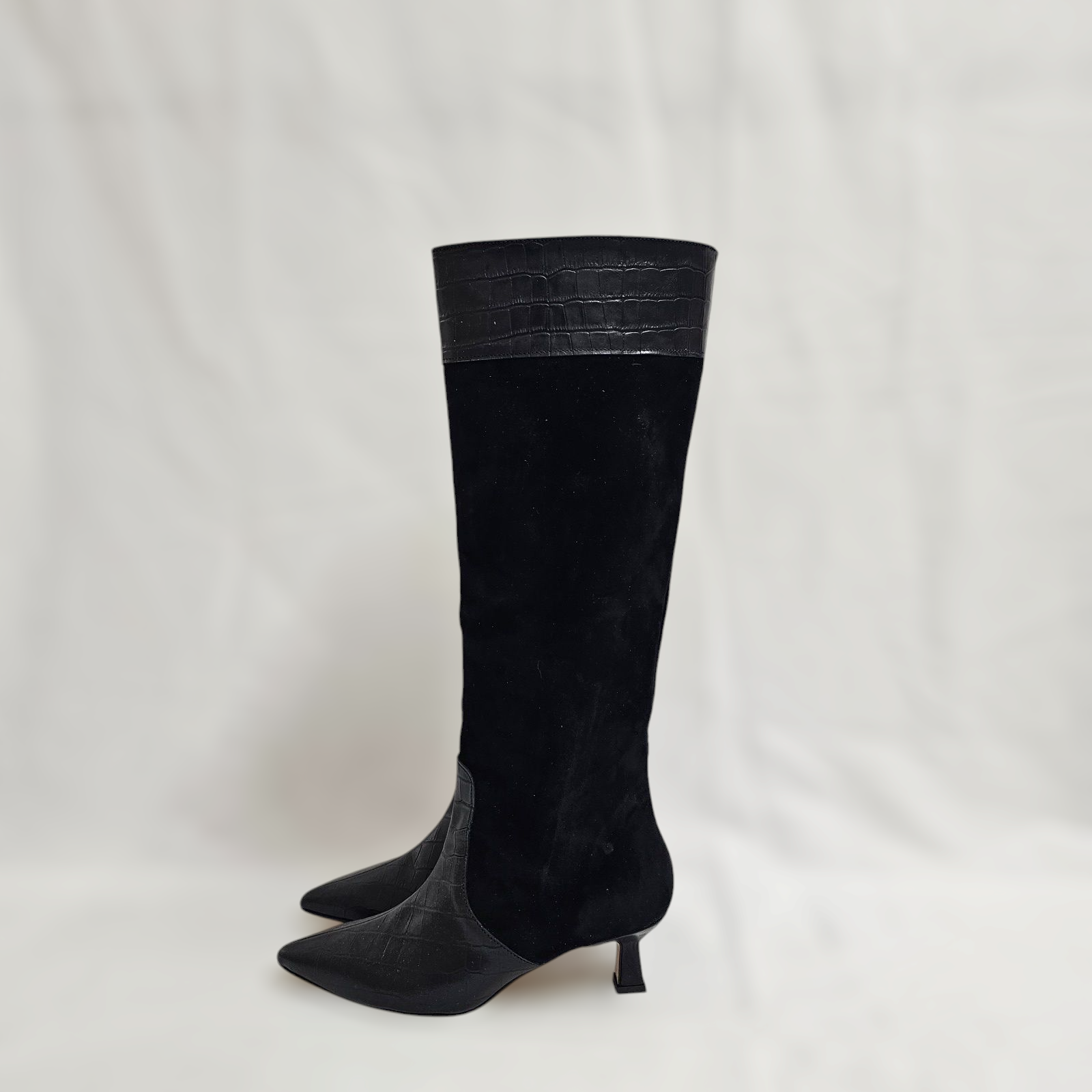 195_CROCK - Tubular boot in real black leather with coconut effect and real black suede with 5 cm rock heel