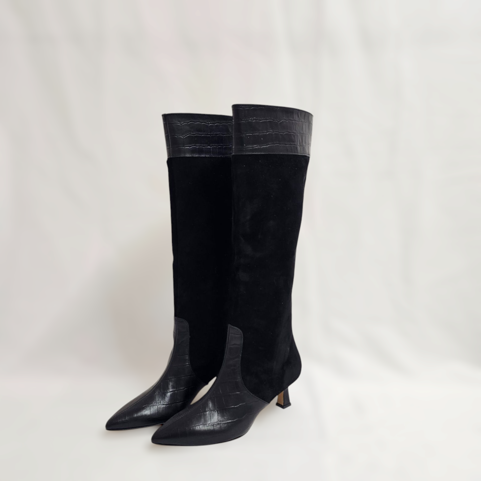 195_CROCK - Tubular boot in real black leather with coconut effect and real black suede with 5 cm rock heel