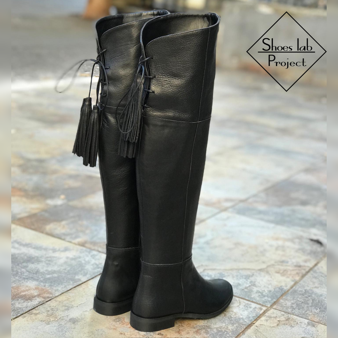 1500_NEW - Black genuine leather tubular boot with zip and tassel