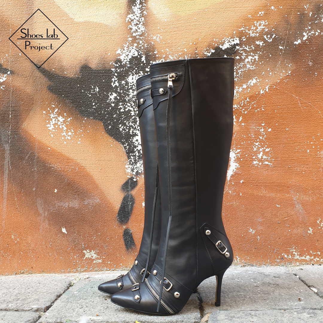 CELYNE_ROCK_TOP - Botas Cagole de 9 cm en piel auténtica negra con cremallera