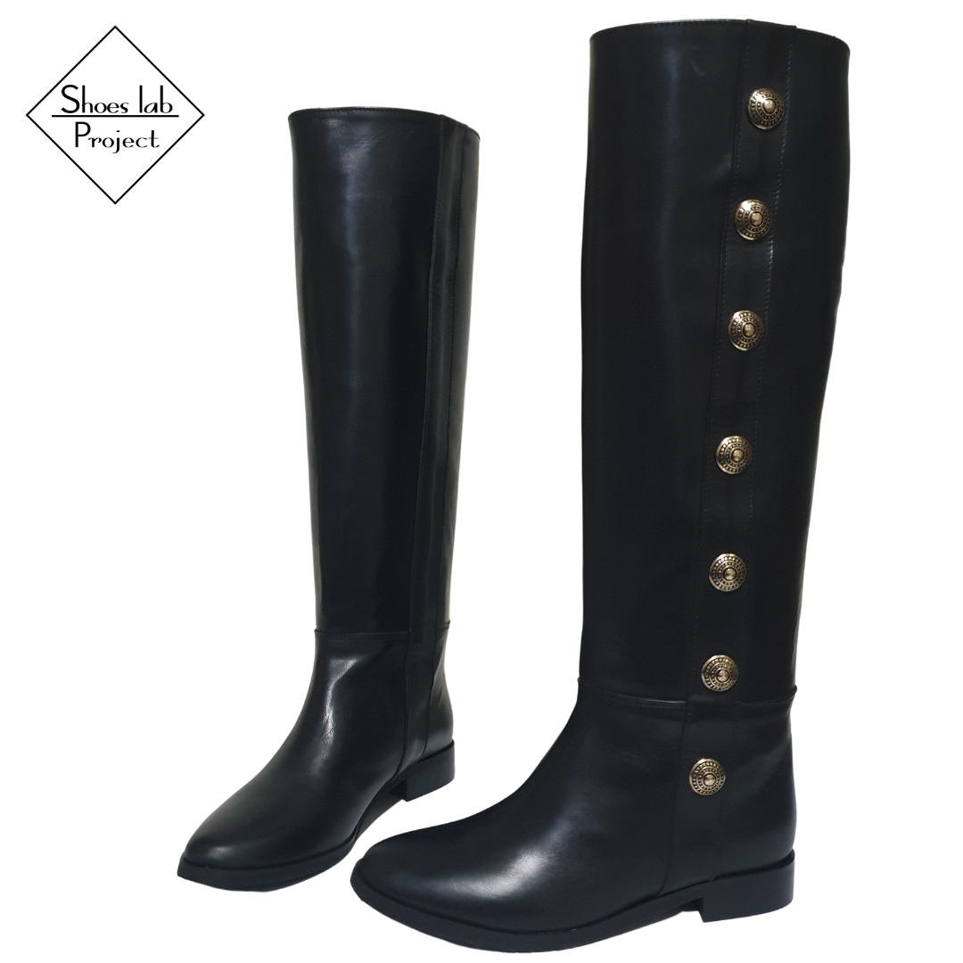 1125_GOLD_BUTTONS - Tubular Boot in Real Leather with Gold Buttons