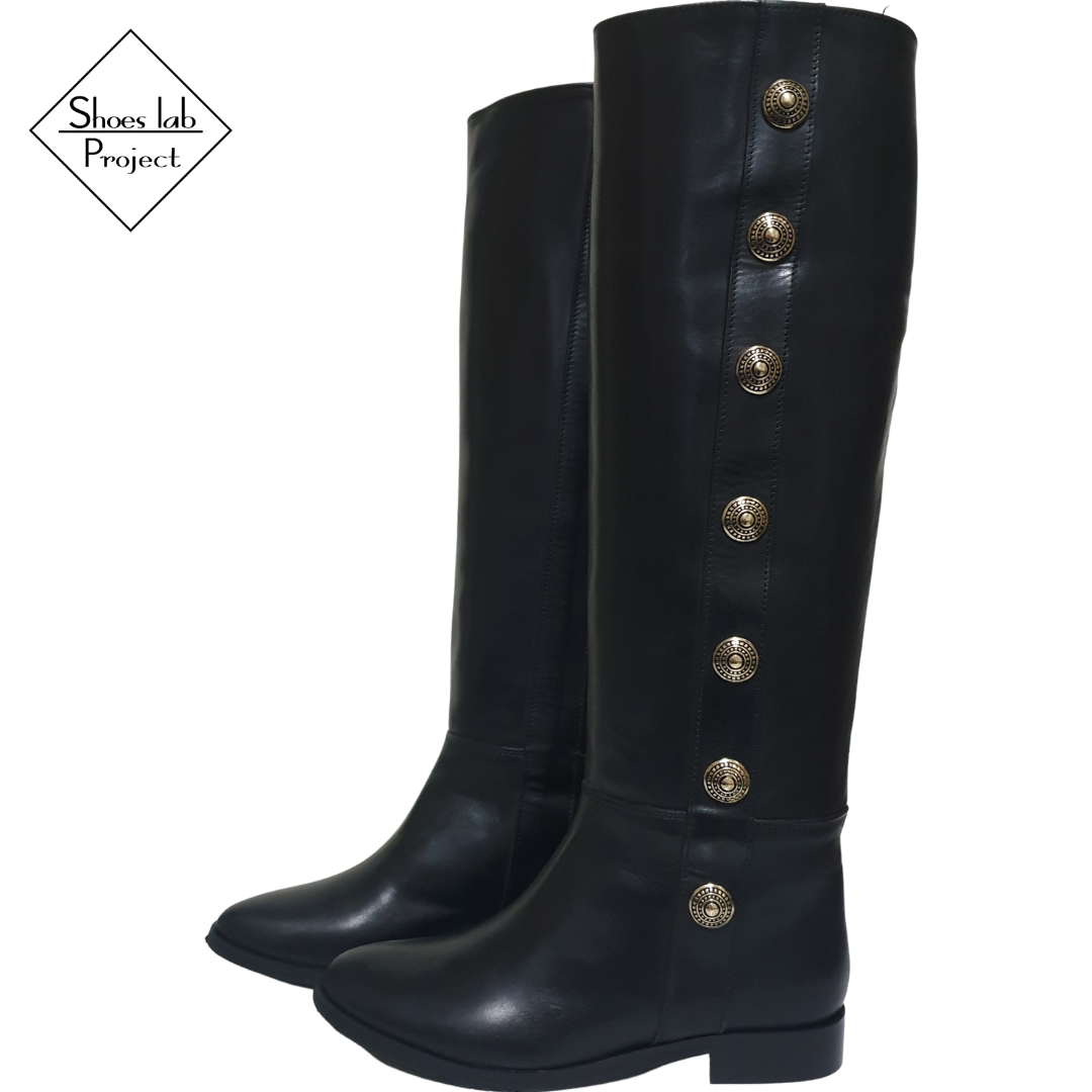 1125_GOLD_BUTTONS - Tubular Boot in Real Leather with Gold Buttons