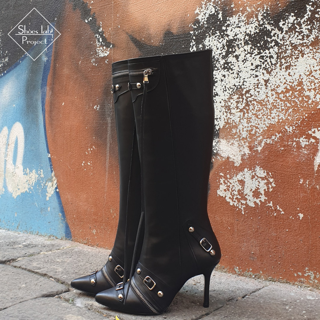 CELYNE_ROCK_TOP - 9cm Cagole Boots in Genuine Black Leather with Zip