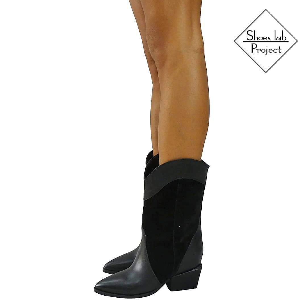 ALICE 200 - Camperos mood tubular boot in Real Black Suede and Real Black Leather with internal rise