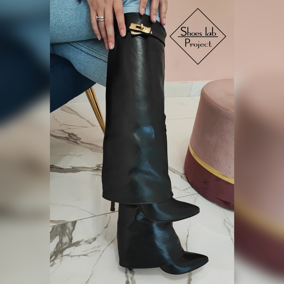 CELYNE 720 - Black Genuine Leather Boot with Accessory and Stiletto Heel