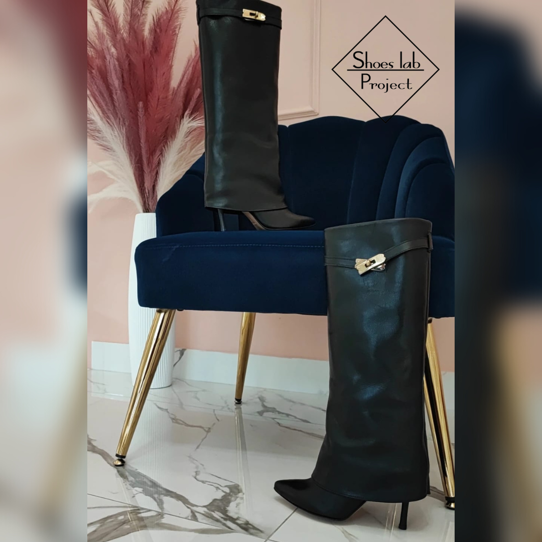 CELYNE 720 - Black Genuine Leather Boot with Accessory and Stiletto Heel