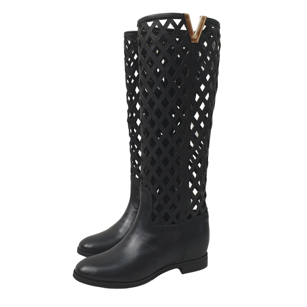 R120_NET - Tubular boot in Perforated Black Genuine Leather with golden accessory and internal rise