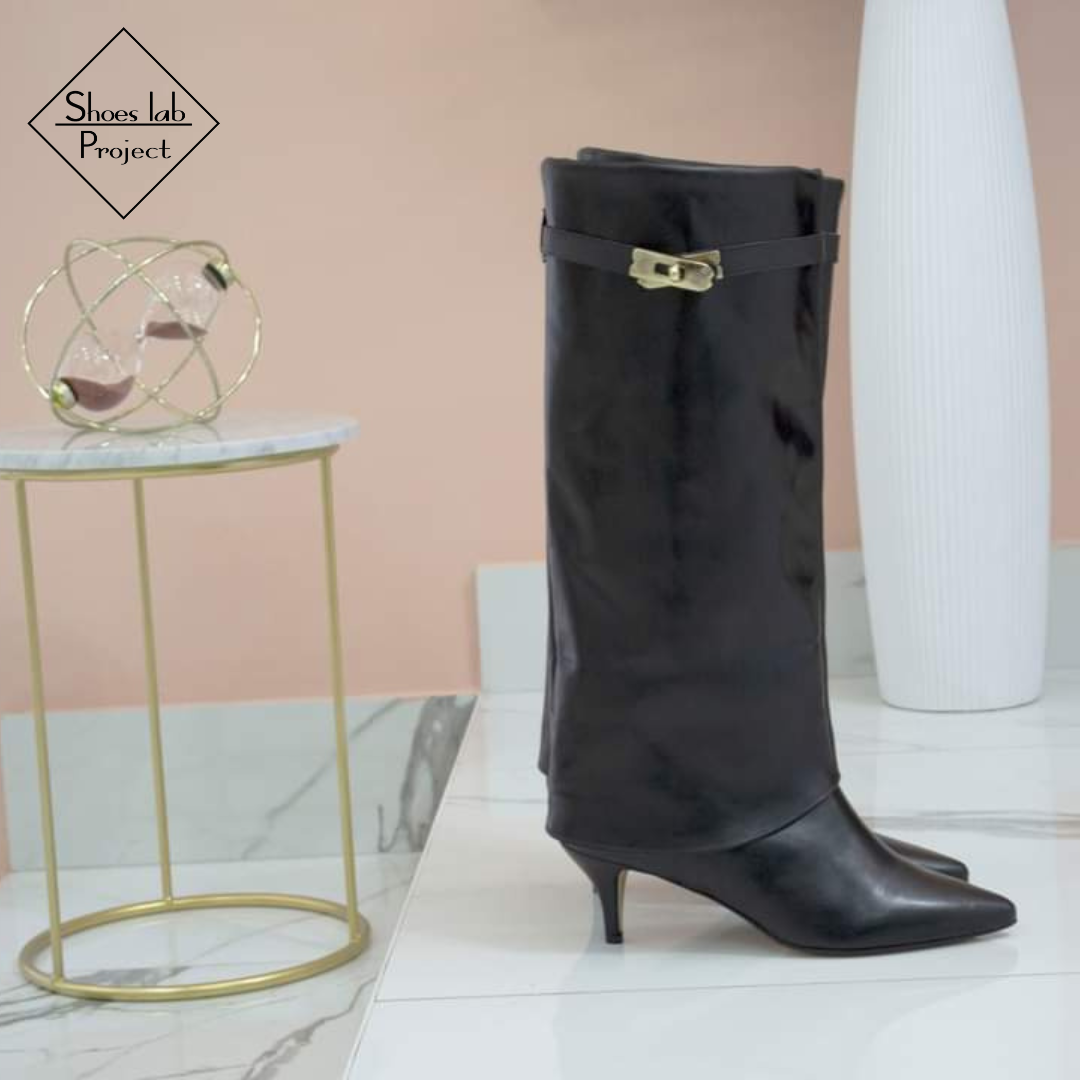 ST-142 - Black Genuine Leather Tubular Boot with 5cm Heel